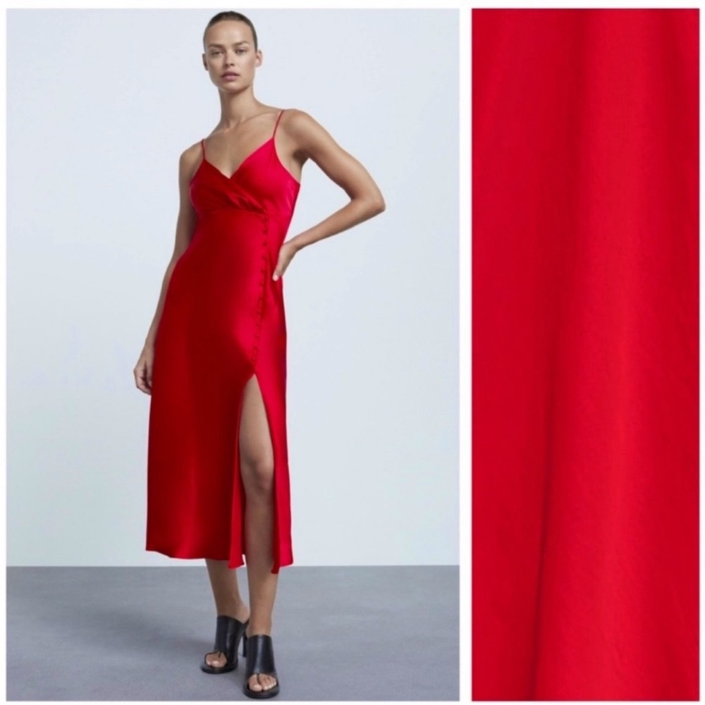 Zara Dresses Red Satin Button Maxi Dress w/ Slit - XS